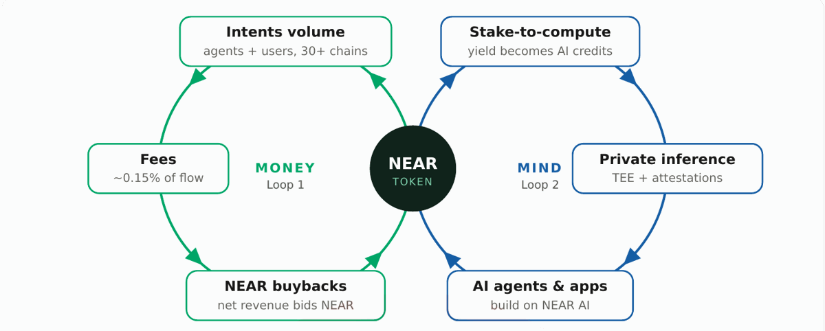 The NEAR double flywheel: the money loop (Intents volume, fees, buybacks) and the mind loop (stake-to-compute, private inference, AI agents and apps)